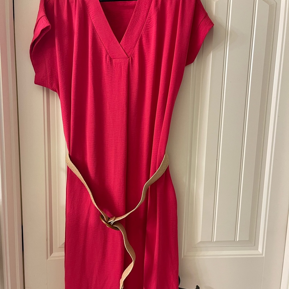 Vibrant Pink V-Neck Dress with Tan Belt